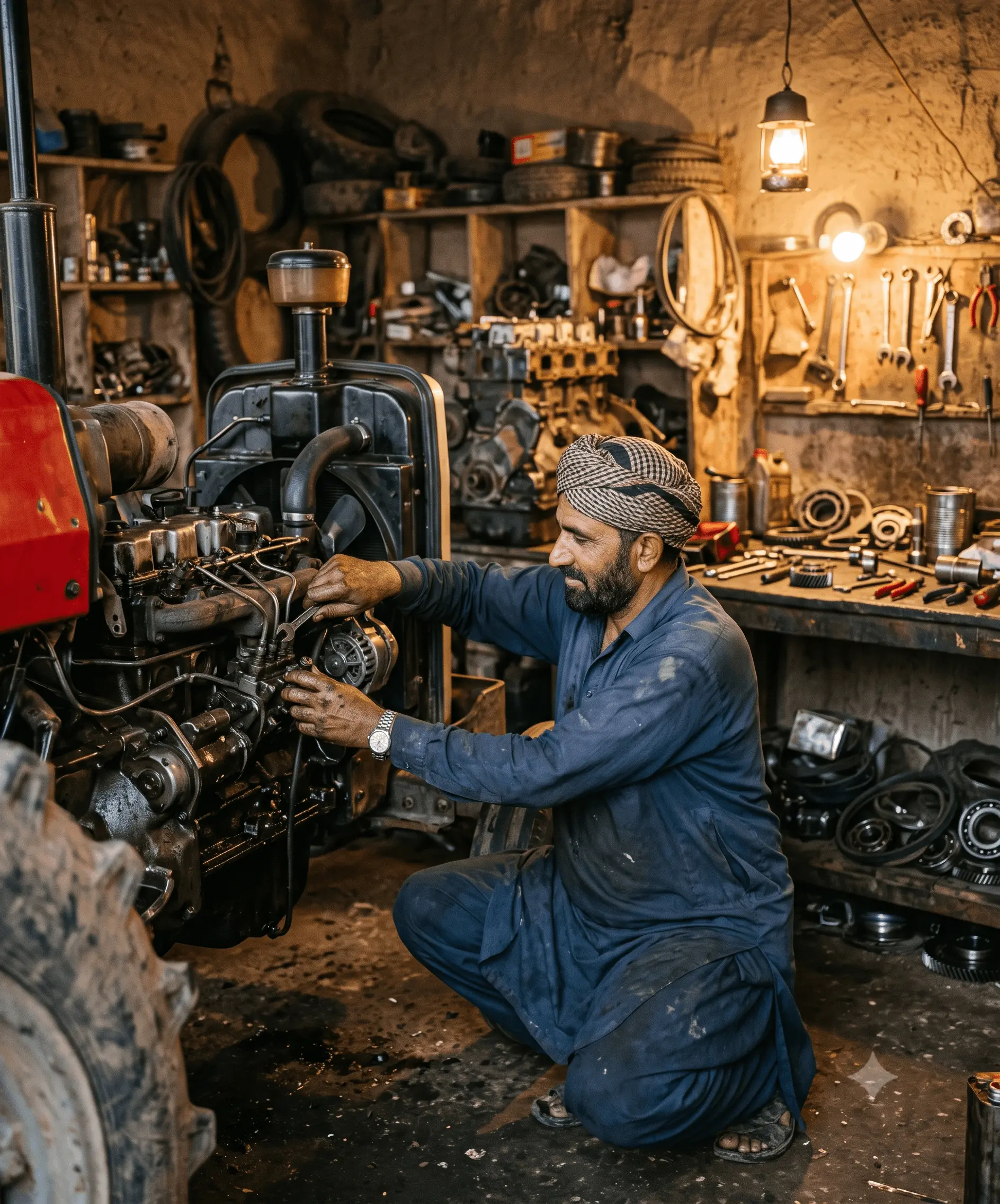 Mechanic working on a tractor engine inside the workshop