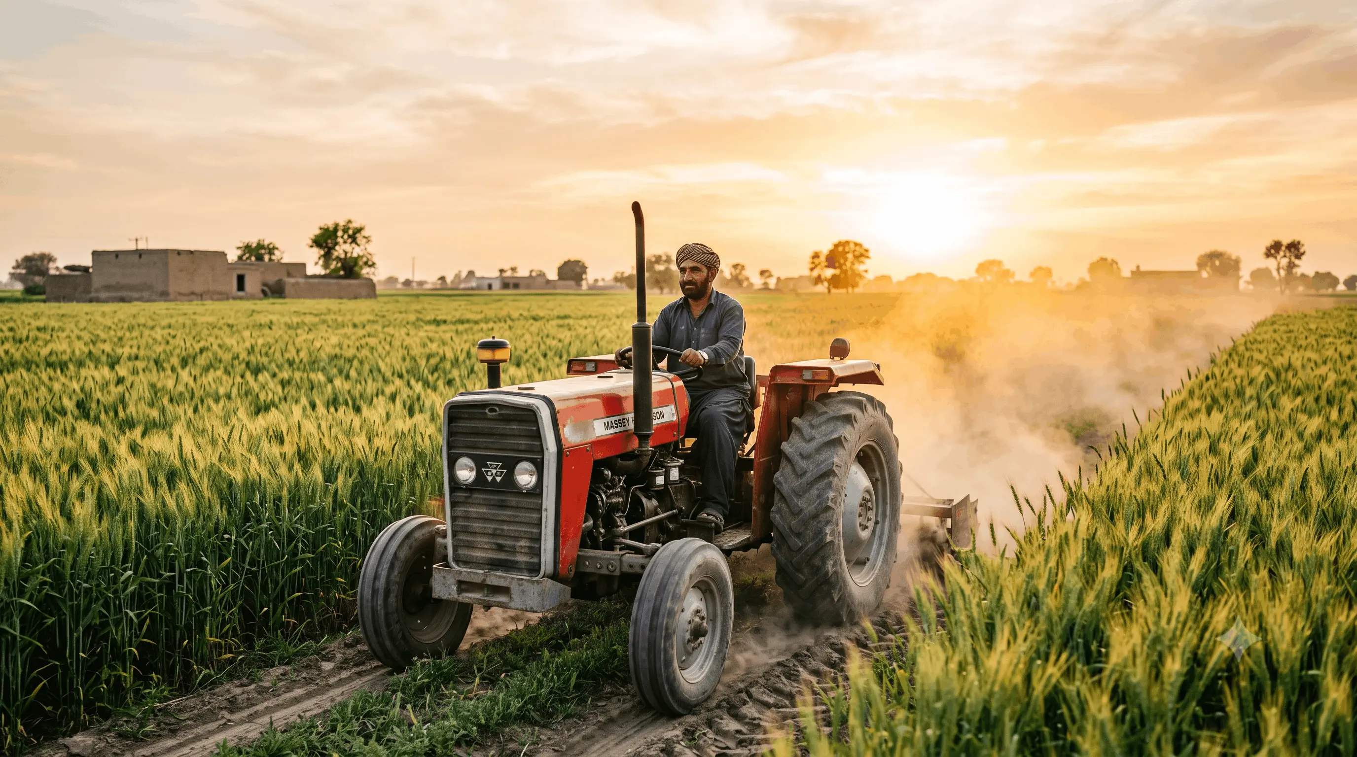 Farmer on his tractor in a lush green wheat field in golden sunlight