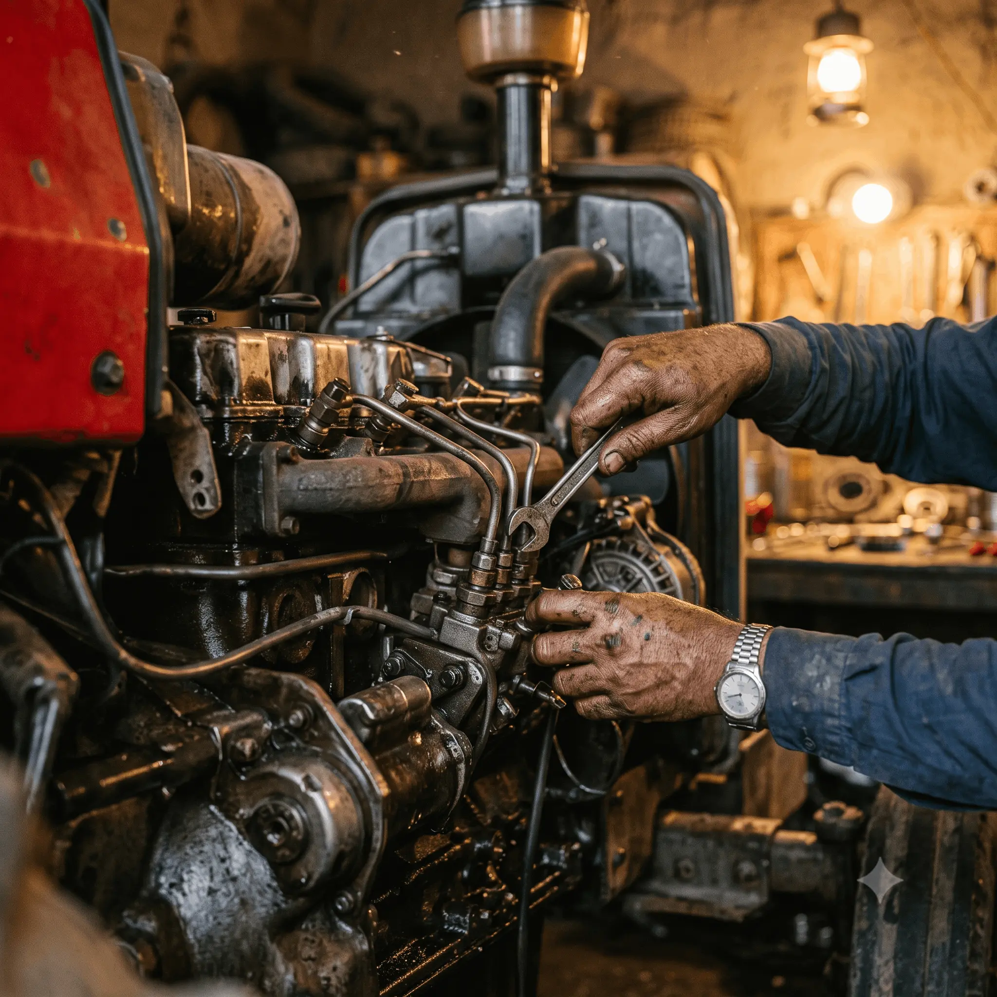 Close-up of tractor engine repair