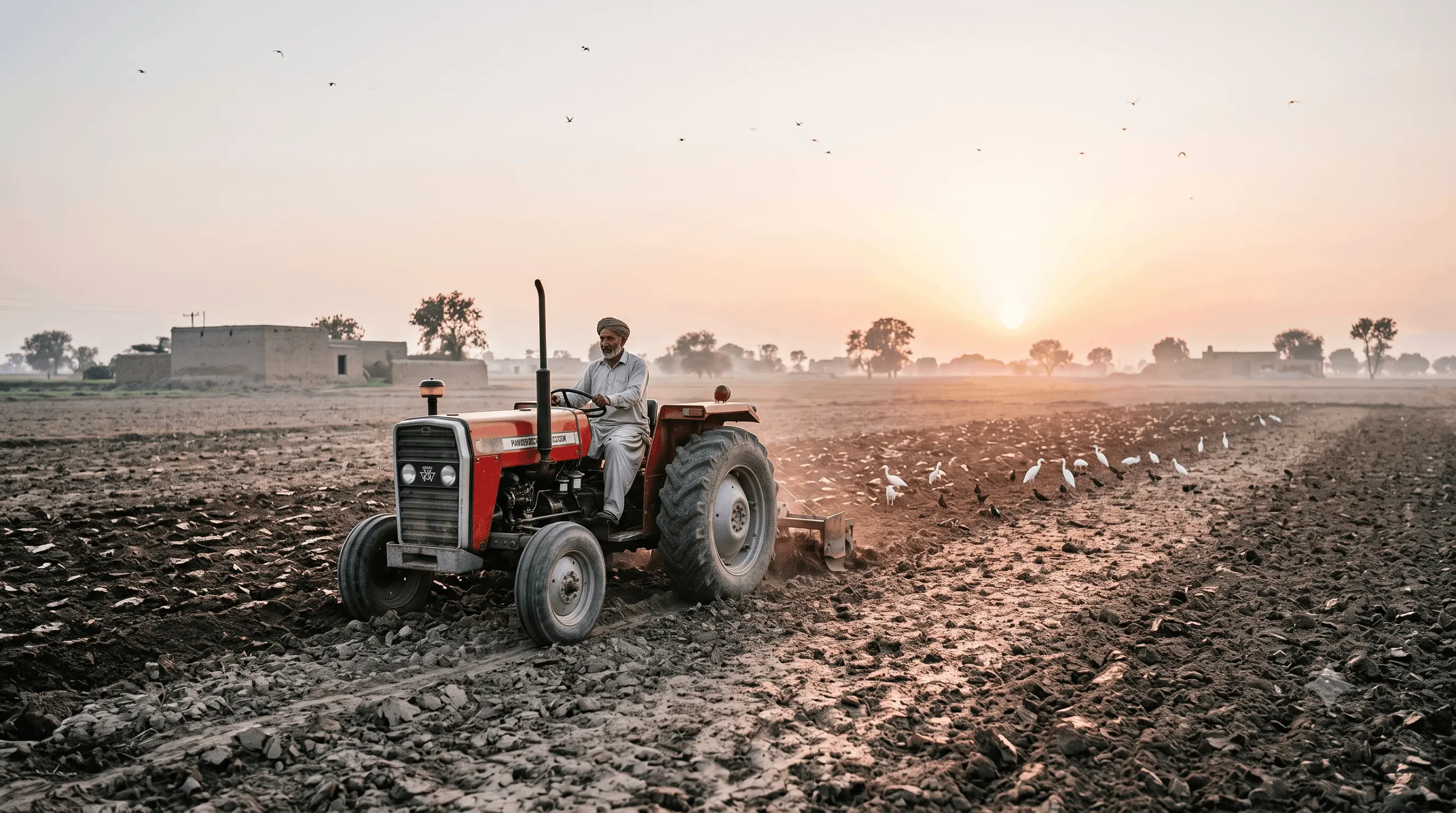 Tractor ploughing a wide open field at sunrise