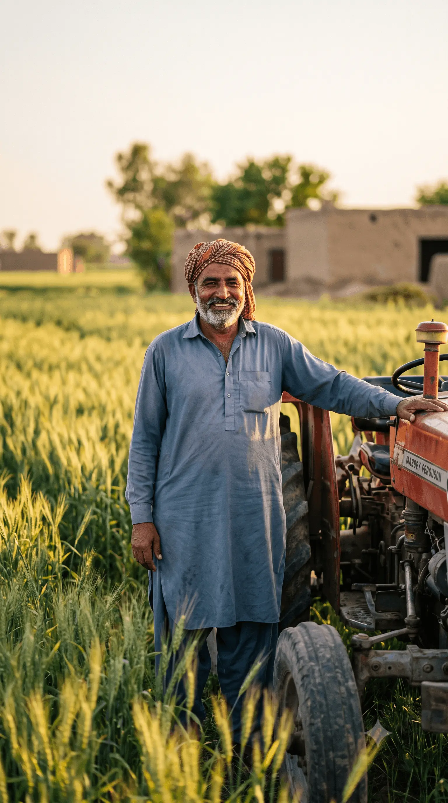 Pakistani farmer smiling beside his tractor in a green field at golden hour